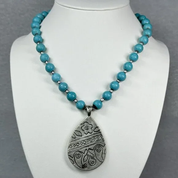 Coldwater Creek Necklace Turquoise Beaded 10mm Teardrop Pendant Reversible - Picture 2 of 6